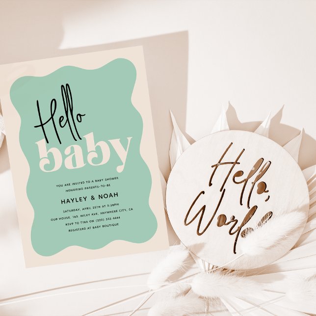 Convite Chá de Bebê Moderno Hello Baby Verde Menta e Creme (Criador carregado)
