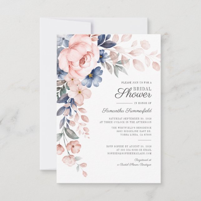 Convite Chá de Bebê Moderno Rosa Azul Flor de Aquarela (Frente)