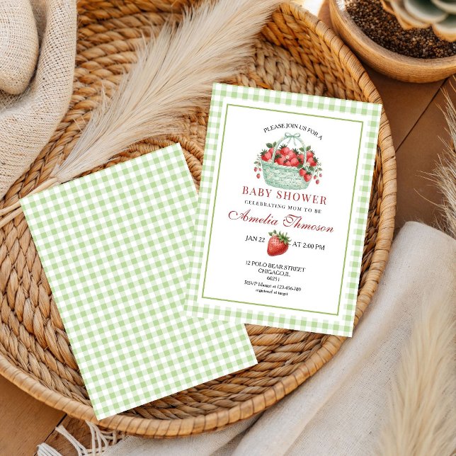 Convite Chá de Bebê Morango Doce Gingham Verde (Criador carregado)