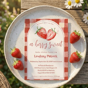 Convite Chá de Bebê Morango Doce Plaid Rosa Vermelho