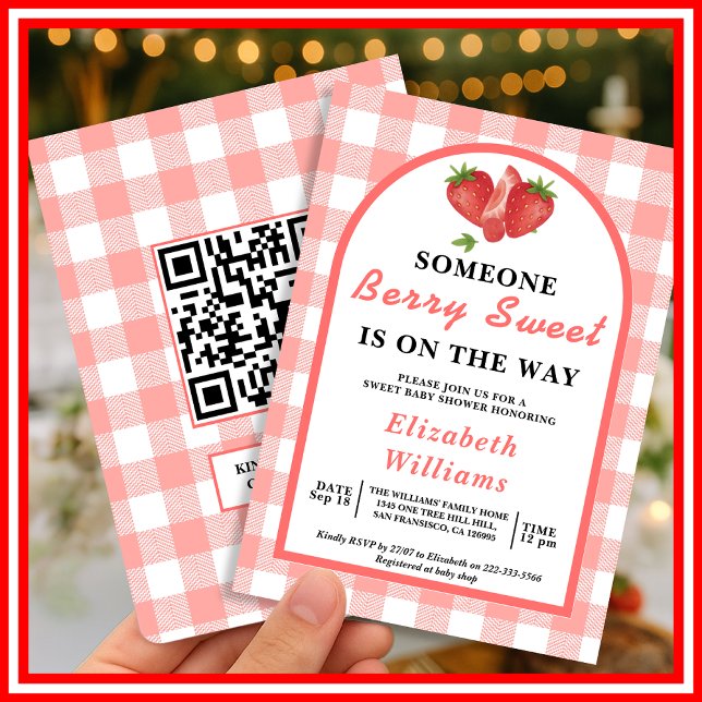 Convite Chá de Bebê Morango Doce | QR RSVP  (Criador carregado)