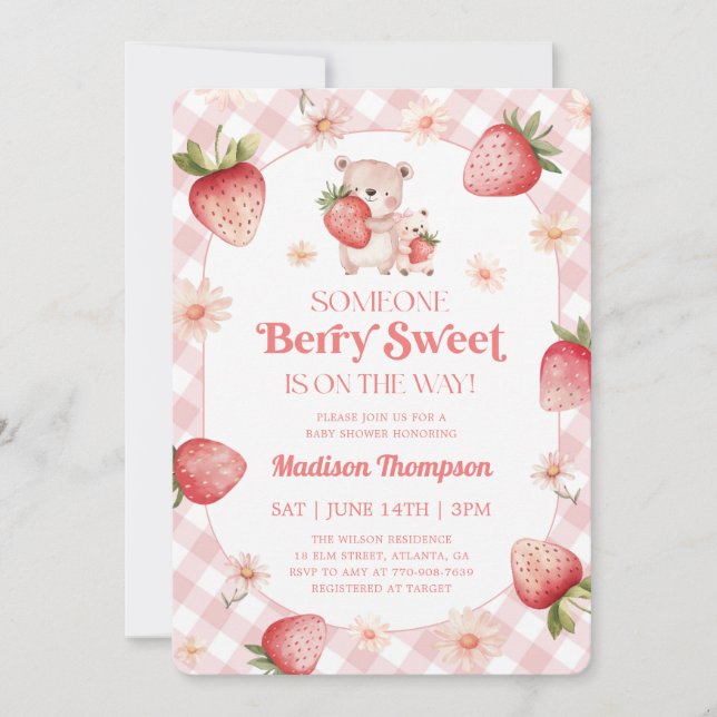 Convite Chá de Bebê Morango Gingham Doce Bebê (Frente)