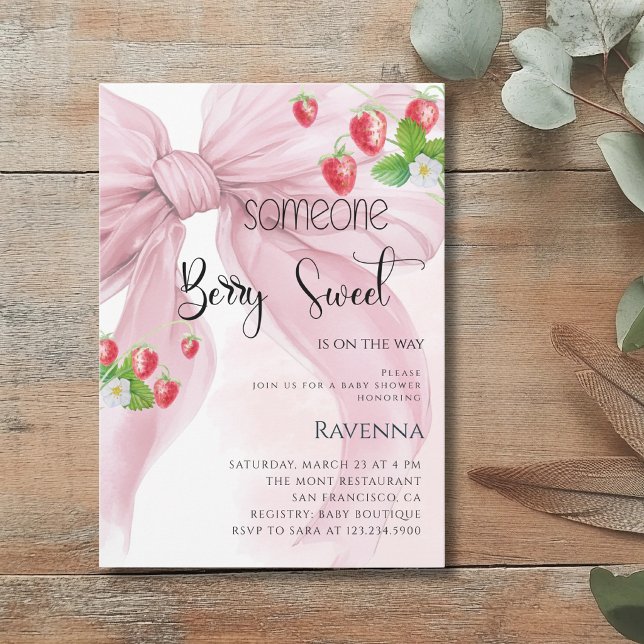 Convite Chá de Bebê Morango Rosa Doce e Elegante (Criador carregado)