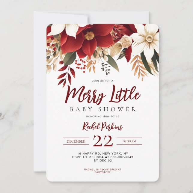 Convite Chá de Bebê Natal Feliz com Poinsettia (Frente)