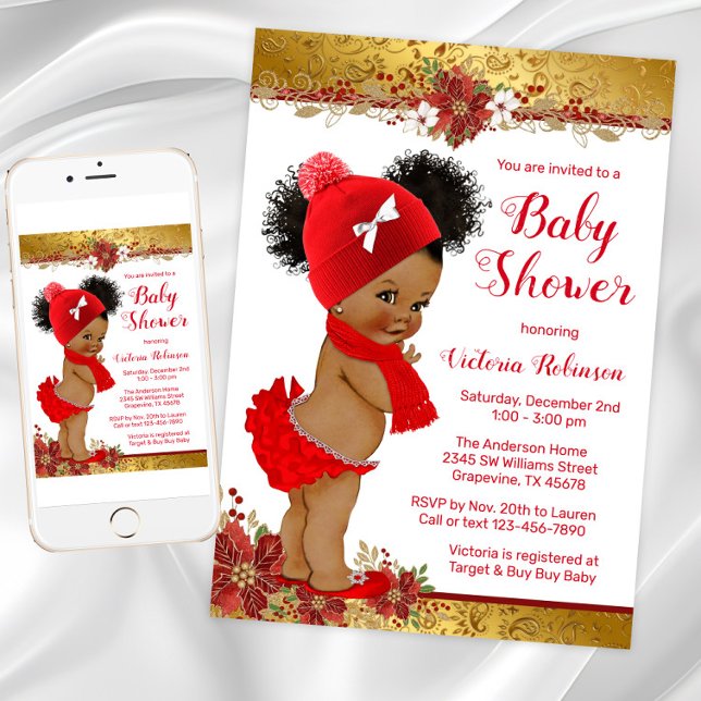 Convite Chá de Bebê Natal Ouro Vermelho (Adorable Girl Christmas Baby Shower Invitation. Instant download and printed invitations available.)