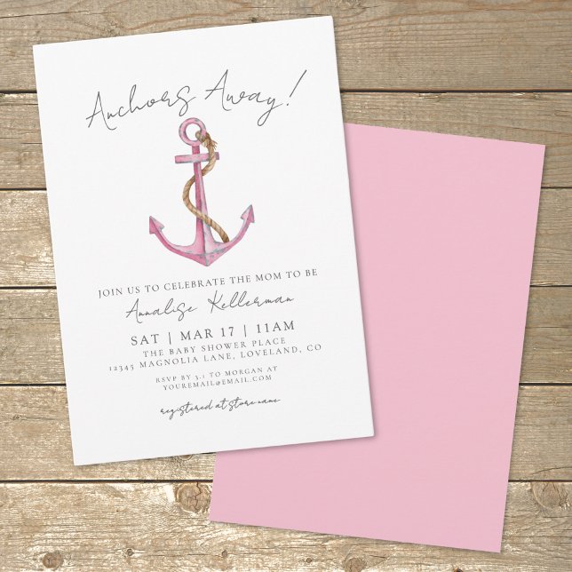 Convite Chá de Bebê Náutico com Âncora Rosa (Pink Anchor Nautical Baby Shower Invitation)