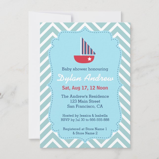 Convite Chá de bebê náutico de veleiro, Chevron Azul (Frente)