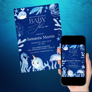 Convite Chá de Bebê Náutico Divertido, O Azul do Mar