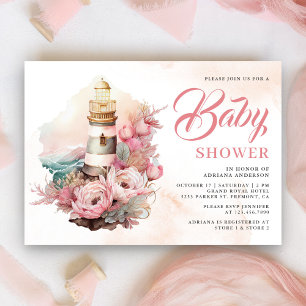 Convite Chá de Bebê Náutico Farol Floral Rosa Boho