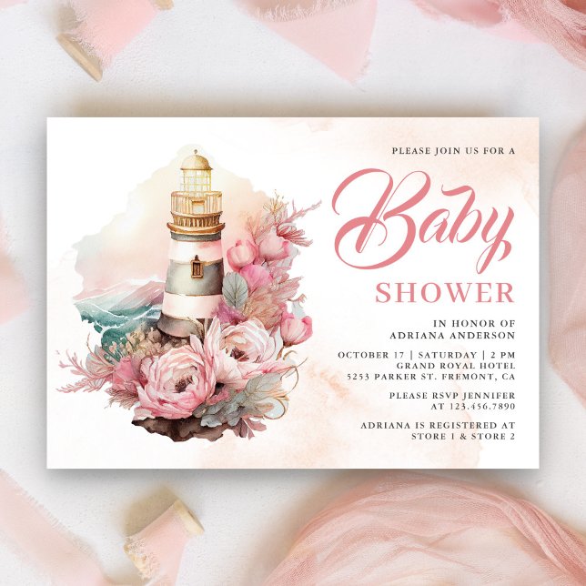 Convite Chá de Bebê Náutico Farol Floral Rosa Boho   (Criador carregado)