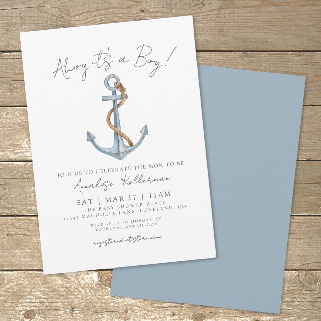 Convite Chá de Bebê Náutico Simples (Watercolor Minimal Blue Nautical Baby Shower Invitation)