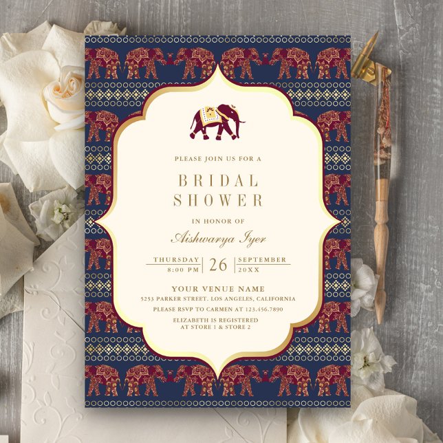 Convite Chá de Bebê Naval Borgonha Dourado Elefante Indian (Criador carregado)