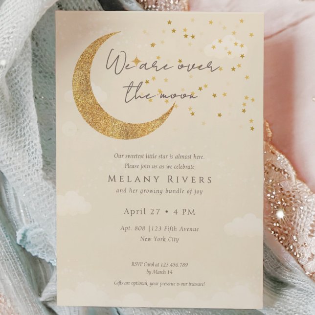 Convite Chá de Bebê Neutro Além da Lua Estrelas (Over the Moon Stars Gender Neutral Baby Shower Invitation)