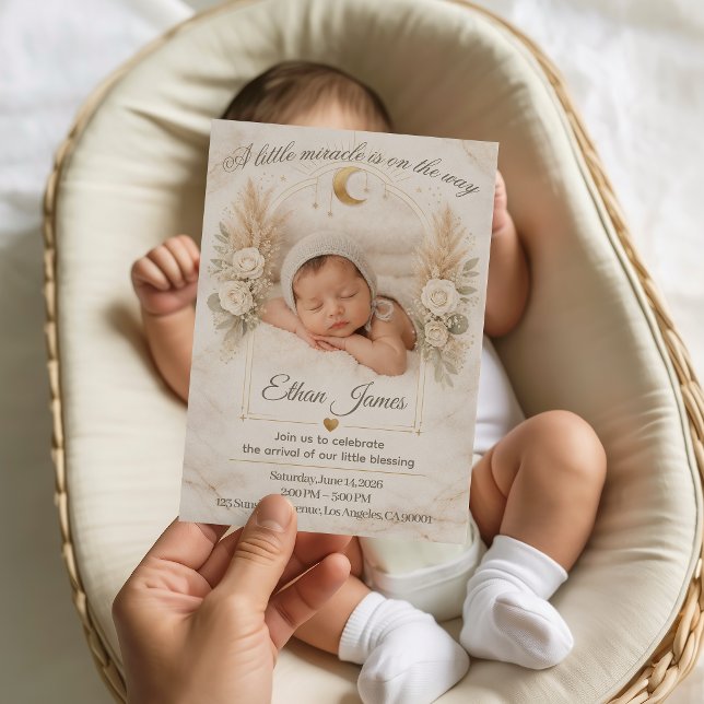 Convite Chá de Bebê Neutro Boho Floral Lua Celebração de B (Criador carregado)