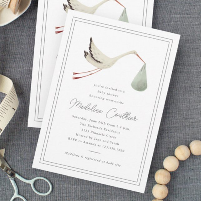 Convite Chá de Bebê Neutro com Cegonha Elegante (Elegant hand painted stork gender neutral baby shower invitations.)