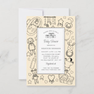 Convite Chá de Bebê Neutro com Desenhos à Mão Fofos