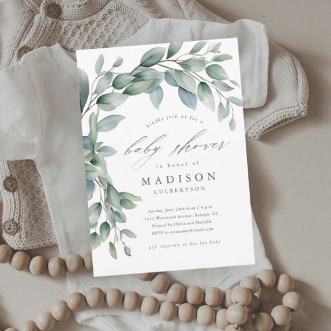 Convite Chá de Bebê Neutro com Verde de Eucalipto (Elegant Eucalyptus Greenery Baby Shower Invitations.)