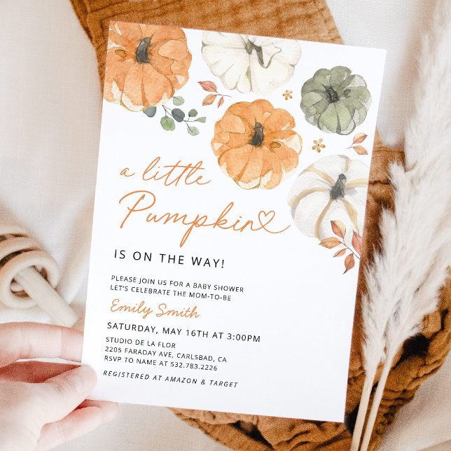 Convite Chá de Bebê Neutro Little Pumpkin (Little Pumpkin Gender Neutral Baby Shower Invitation, watercolor pumpkin floral boho fall invitation)