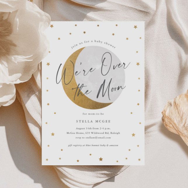 Convite Chá de Bebê Neutro Lua Dourada (Gold Over the Moon Script Gender Neutral Baby Shower Invitations.)