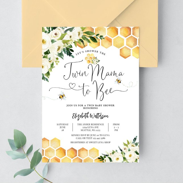 Convite Chá de Bebê Neutro para Gêmeos Mama to Bee (Criador carregado)