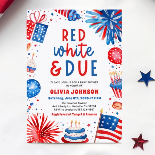 Convite Chá de Bebê Neutro 'Vermelho, Branco e Por Vir' (Red, White & Due Gender Neutral Baby Shower Invitation)
