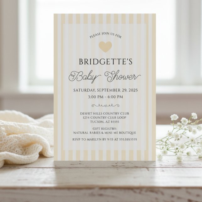 Convite Chá de Bebê no Clube Country Amarelo Moderno (chic yellow and white preppy stripes baby shower invitation with heart elegant script typography)
