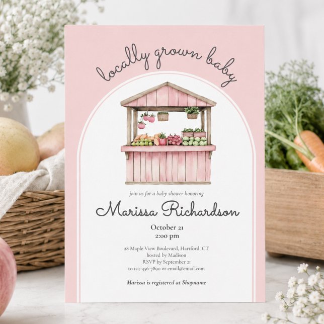Convite Chá de Bebê no Mercado dos Agricultores (cute sweet rustic locally grown baby pink farmers market baby girl shower invitation)