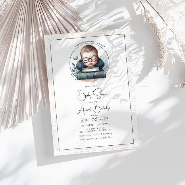 Convite Chá de Bebê "Nosso Próximo Capítulo" com Tema Lite (Literary-Themed Book Our Next Chapter Baby Shower Invitation)