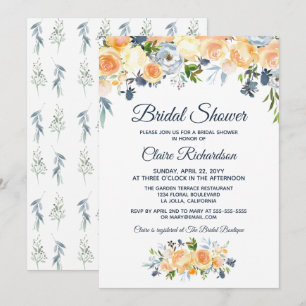 Convite Chá de Bebê Nupcial Floral em Aquarela Azul Marinh