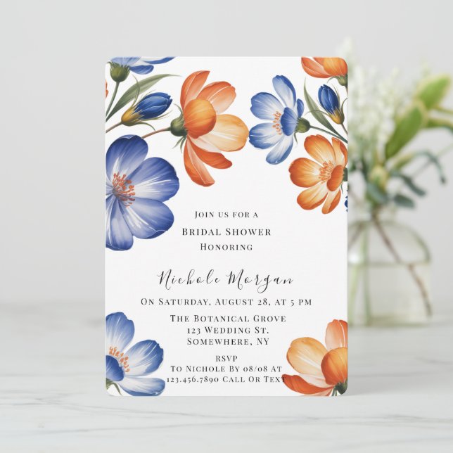 Convite Chá de Bebê Nupcial Floral Laranja e Azul Cobalto (Em pé/Frente)