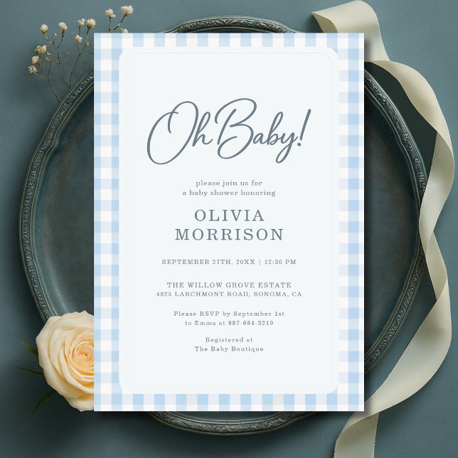 Convite Chá de Bebê Oh Baby Blue Gingham (Criador carregado)
