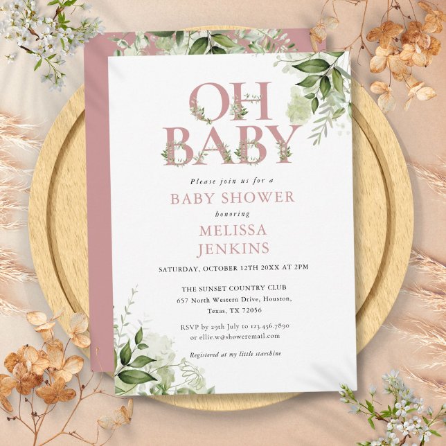 Convite Chá de Bebê Oh Baby Botânica Dusty Rose (Oh Baby Botanical Greenery Dusty Rose Baby Shower Invitation)