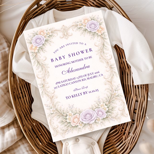 Convite Chá de Bebê Ornate Lavanda Rosa (Criador carregado)