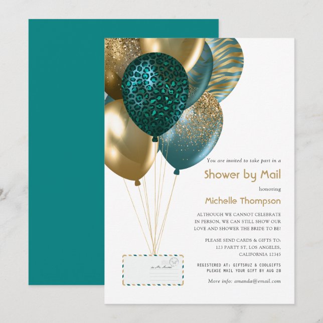 Convite Chá de Bebê ou Chá de Noiva em Teal e Dourado pelo (Frente/Verso)