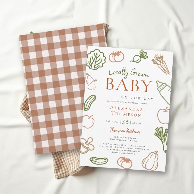 Convite Chá de Bebê Outonal Rústico e Terroso de Produtos  (locally grown fall baby shower invitation earthy tan green brown terracotta hand drawn gingham)