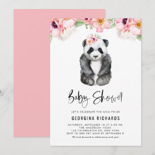 Convite Chá de Bebê Panda em Aquarela com Anêmonas Rosa