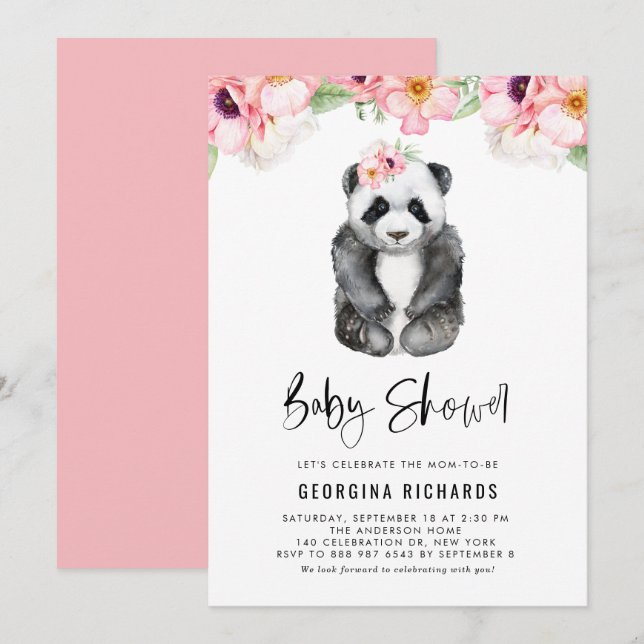 Convite Chá de Bebê Panda em Aquarela com Anêmonas Rosa (Frente/Verso)