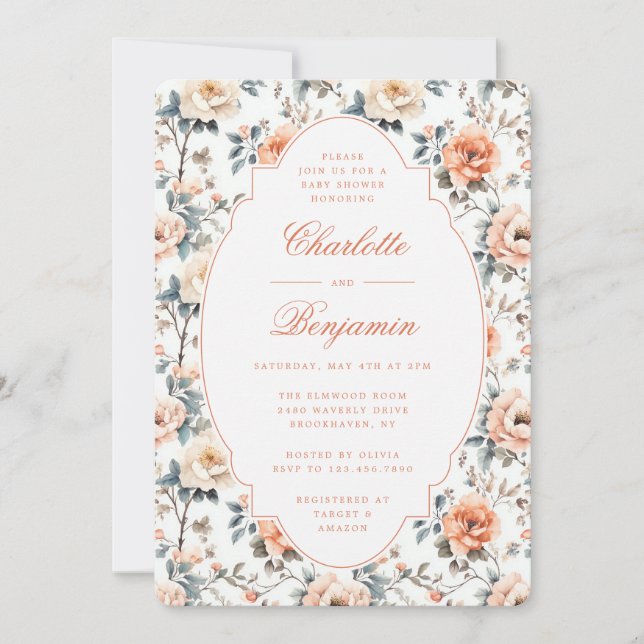 Convite Chá de Bebê para Casais com Flores Elegantes (Frente)