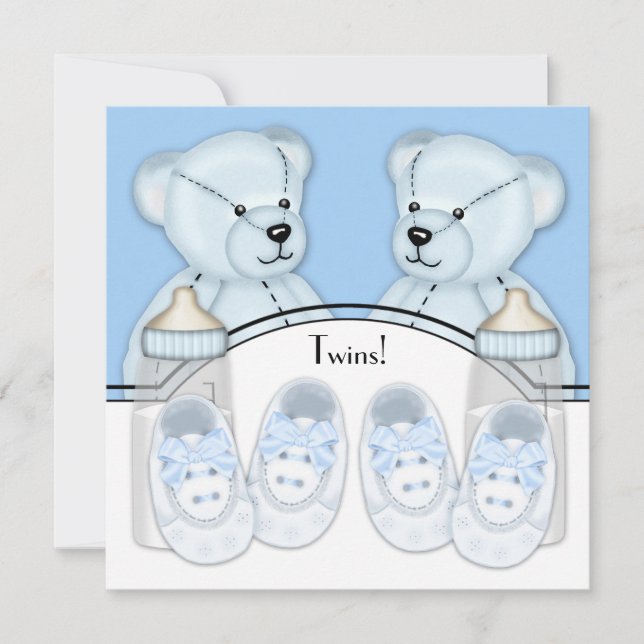 Convite Chá de Bebê para Gêmeos Meninos Urso de Pelúcia Az (Frente)