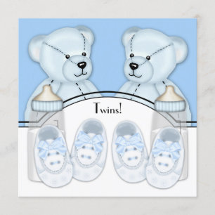 Convite Chá de Bebê para Gêmeos Meninos Urso de Pelúcia Az