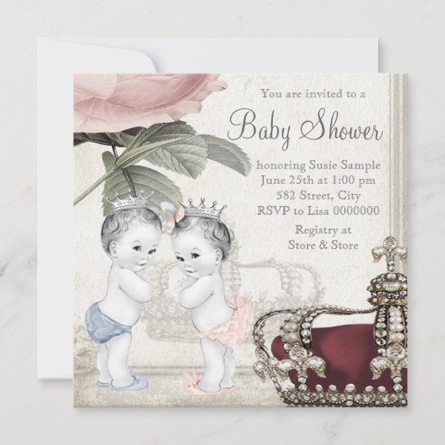 Convite Chá de Bebê para Gêmeos Príncipe e Princesa (Frente)