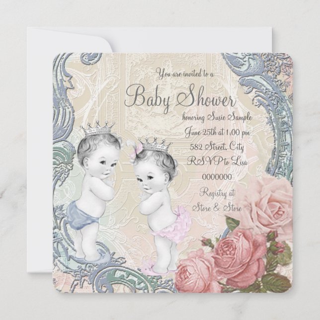Convite Chá de Bebê para Gêmeos Príncipe e Princesa (Frente)