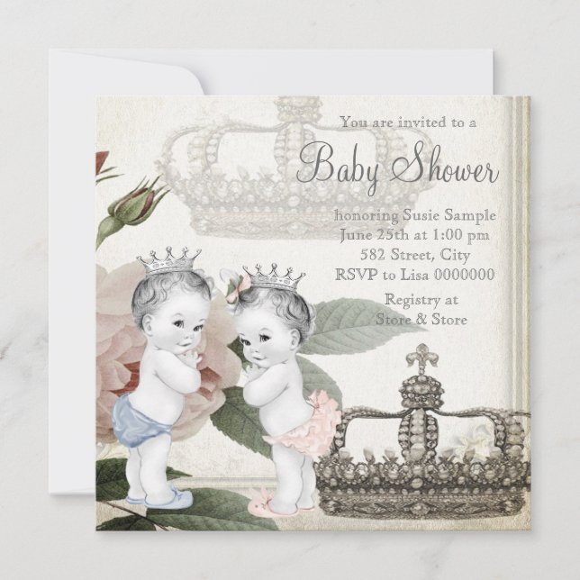 Convite Chá de Bebê para Gêmeos Príncipe e Princesa (Frente)