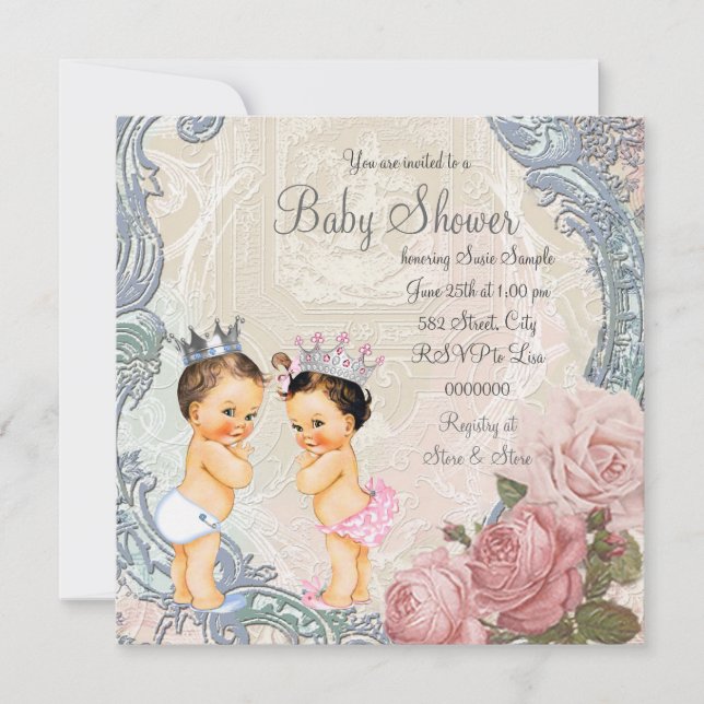 Convite Chá de Bebê para Gêmeos Príncipe e Princesa (Frente)