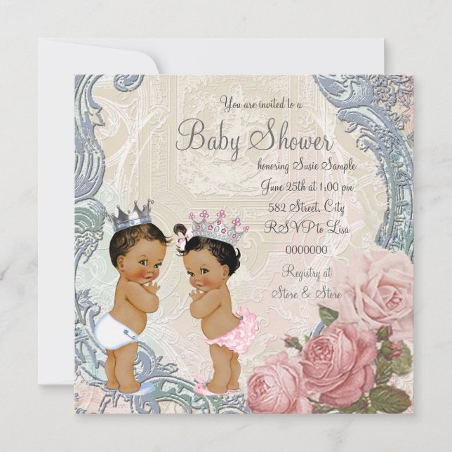 Convite Chá de Bebê para Gêmeos Príncipe e Princesa Étnico (Frente)