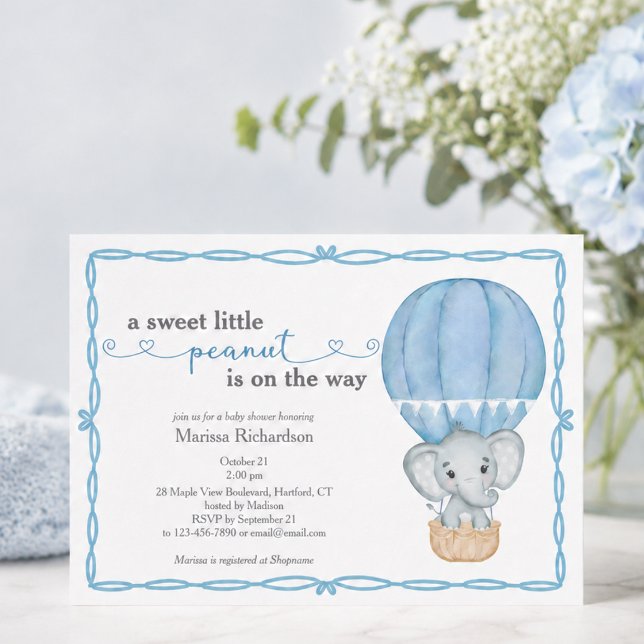 Convite Chá de Bebê para Menino Elefante Amendoimzinho Doc (elegant cute sweet little peanut elephant blue hot air balloon baby boy shower invitation)