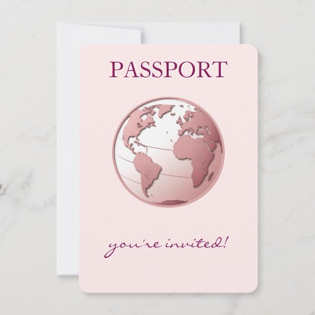 Convite Chá de Bebê Passaporte do Globo Rosa Viagem (Frente)
