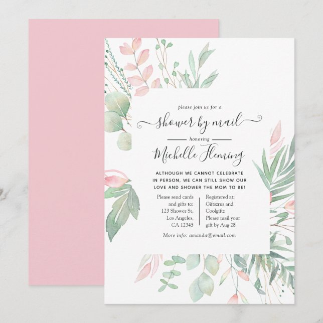Convite Chá de Bebê Pastel Blush Greenery pelo Correio (Frente/Verso)