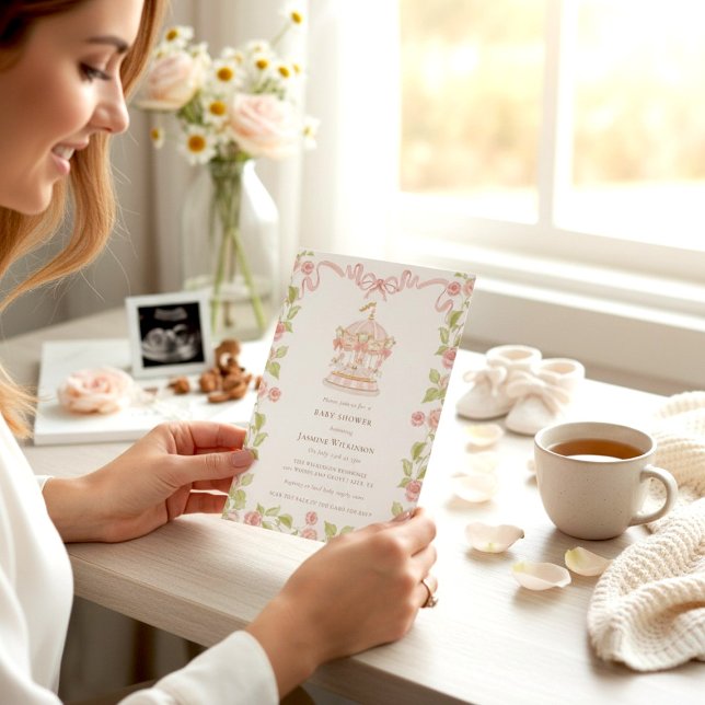 Convite Chá de Bebê Pastel Carousel com código QR de rsvp (Criador carregado)