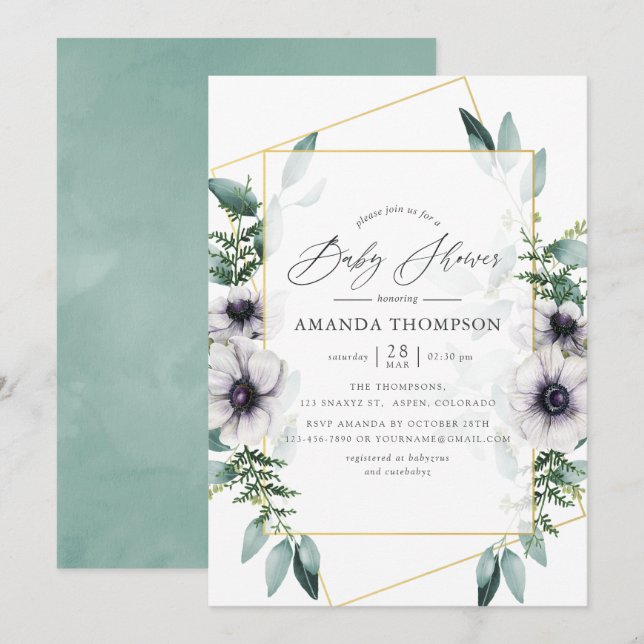 Convite Chá de Bebê Pastel Eucalipto Anêmona Geométrico (Frente/Verso)